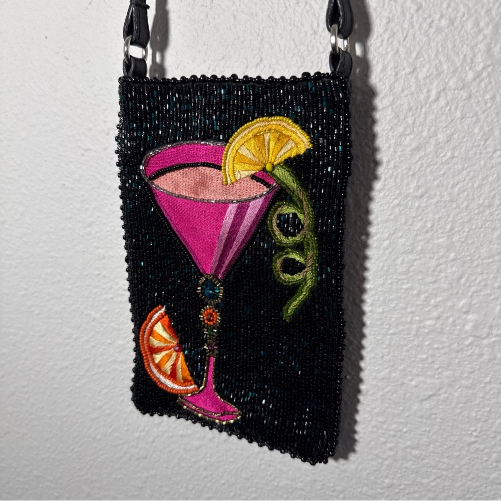 Mary Frances Take A Sip Pink Cocktail Phone Pouch Crossbody Beaded Leather Purse - Picture 3 of 6